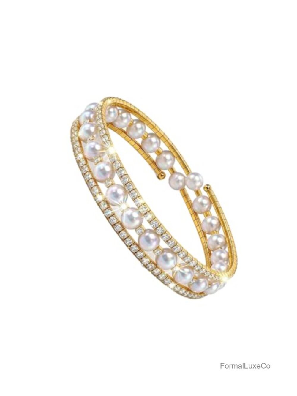 14K Gold Plated Pearl Cuff Bracelet Rhinestone Stretch Adjustable